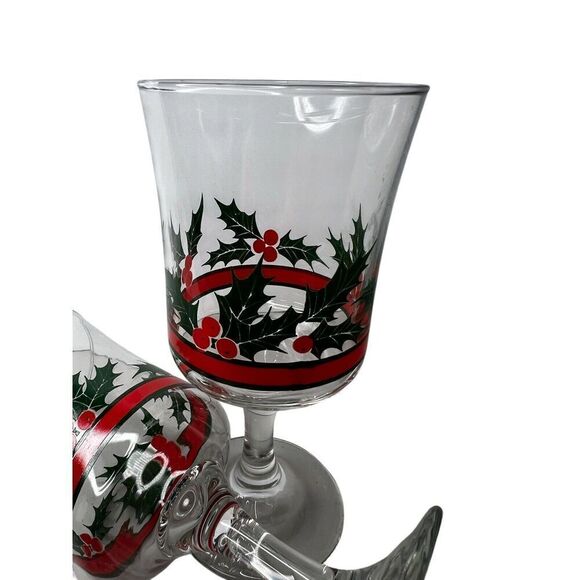 Libbey Glass Holly & Berries Flared Water Goblets Retro Barware Christmas (2) - Picture 4 of 6